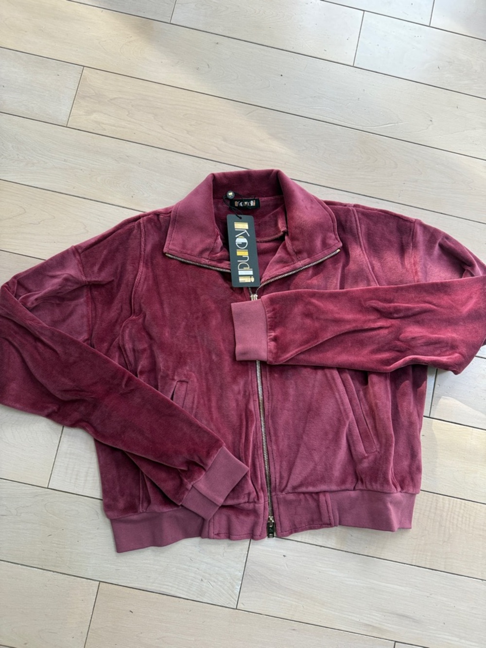 Suzie Kondi soft velour cotton stretch dusty rose pink zip jacket